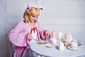 Rating: Safe Score: 0 Tags: 1girl blonde_hair blue_eyes cake chair cup food hat hinaichigo plate realistic saucer sitting solo table teacup teapot User: admin