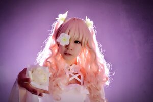 Rating: Safe Score: 0 Tags: 1girl bangs flower hair_flower hair_ornament kirakishou lips long_hair pink_hair purple_background solo upper_body white_flower User: admin