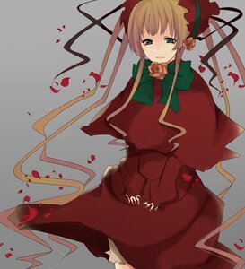 Rating: Safe Score: 0 Tags: 1girl blonde_hair blue_eyes bonnet bow bowtie capelet dress flower green_neckwear image long_hair long_sleeves petals red_capelet red_dress red_flower red_rose rose rose_petals shinku solo User: admin