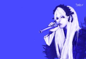 Rating: Safe Score: 0 Tags: 1girl bangs blue_background blue_theme flower frills hairband image lolita_hairband long_hair long_sleeves looking_at_viewer monochrome nail_polish purple_theme ribbon rose signature simple_background solo suigintou upper_body User: admin