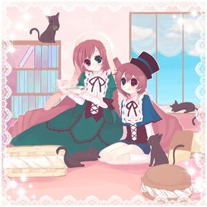 Rating: Safe Score: 0 Tags: 2girls animal bangs black_cat brown_hair cat dress green_dress green_eyes hat heterochromia image long_hair long_sleeves multiple_girls pair red_eyes ribbon short_hair siblings sisters sitting smile souseiseki suiseiseki table top_hat twins white_legwear User: admin