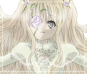 Rating: Safe Score: 0 Tags: 1girl bangs blonde_hair dress flower green_eyes image kirakishou long_hair pink_flower pink_rose rose solo thorns upper_body white_rose yellow_rose User: admin