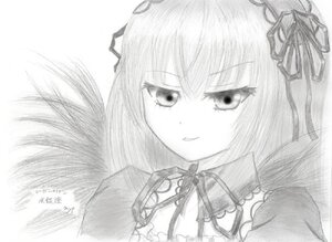 Rating: Safe Score: 0 Tags: 1girl auto_tagged flower greyscale hair_ribbon image long_hair looking_at_viewer monochrome ribbon simple_background smile solo suigintou white_background User: admin