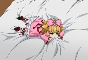 Rating: Safe Score: 0 Tags: 1girl bed bed_sheet blonde_hair bow dress drill_hair frills green_eyes hair_bow hina_ichigo hinaichigo image looking_at_viewer lying on_bed pink_bow pink_dress pink_footwear puffy_sleeves ribbon shoes solo User: admin