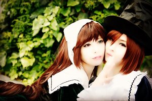 Rating: Safe Score: 0 Tags: 2girls bangs blurry brown_hair closed_mouth depth_of_field hat head_scarf lips long_hair looking_at_viewer multiple_cosplay multiple_girls red_eyes red_hair sisters souseiseki suiseiseki tagme upper_body User: admin