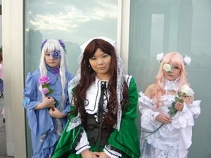 Rating: Safe Score: 0 Tags: 3girls brown_hair dress flower green_dress long_hair long_sleeves multiple_cosplay multiple_girls pink_hair suiseiseki tagme veil User: admin