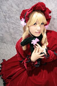 Rating: Safe Score: 0 Tags: 1girl blonde_hair blue_eyes bonnet bow bug dress flower frills hair_ornament holding long_hair long_sleeves looking_at_viewer red_dress shinku smile solo User: admin