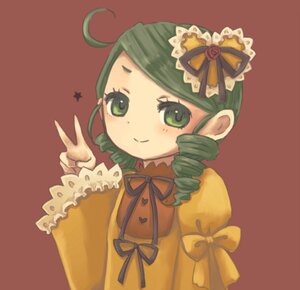 Rating: Safe Score: 0 Tags: 1girl ahoge brown_background crown dress drill_hair frills green_eyes green_hair image kanaria long_sleeves looking_at_viewer orange_dress red_background ribbon simple_background smile solo star_(symbol) swept_bangs twin_drills upper_body v yellow_dress User: admin