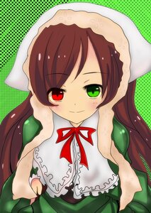 Rating: Safe Score: 0 Tags: 1girl auto_tagged bangs brown_hair dress frills green_background green_dress green_eyes halftone halftone_background head_scarf heterochromia image long_hair long_sleeves looking_at_viewer polka_dot polka_dot_background red_eyes ribbon smile solo suiseiseki very_long_hair User: admin