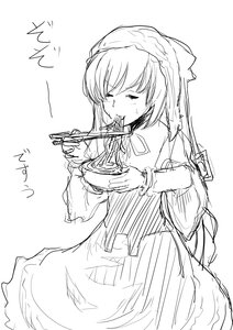Rating: Safe Score: 0 Tags: 1girl chopsticks closed_eyes eating food greyscale image long_hair long_sleeves monochrome noodles ramen ribbon solo suiseiseki User: admin