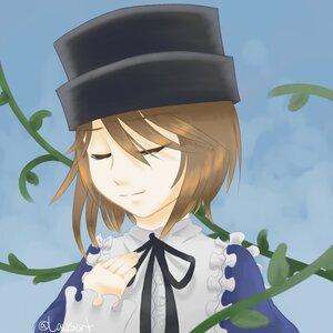 Rating: Safe Score: 0 Tags: 1girl black_headwear branch brown_hair closed_eyes closed_mouth dress frills hat image ivy leaf long_sleeves neck_ribbon plant potted_plant ribbon short_hair smile solo souseiseki tanabata tanzaku upper_body vines User: admin