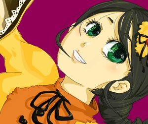 Rating: Safe Score: 0 Tags: 1girl black_hair braid green_eyes grin hair_ornament image kanaria orange_dress orange_shirt ribbon smile solo User: admin