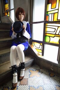 Rating: Safe Score: 0 Tags: 1girl brown_hair crossed_legs hat headwear_removed indoors long_sleeves short_hair sitting skirt solo souseiseki white_legwear window User: admin