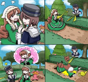 Rating: Safe Score: 0 Tags: 2girls auto_tagged brown_hair bush cloud comic day dress grass green_dress green_eyes hat heterochromia image long_hair multiple_girls outdoors pair short_hair sky souseiseki suiseiseki User: admin
