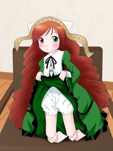 Rating: Safe Score: 0 Tags: 1girl bloomers blush brown_hair dress dress_lift drill_hair frills green_dress green_eyes heterochromia image long_hair long_sleeves red_eyes solo suiseiseki underwear very_long_hair white_legwear User: admin