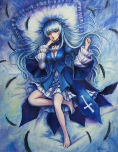 Rating: Safe Score: 0 Tags: 1girl bad_id bad_pixiv_id barefoot bed bird black_feathers dress feathered_wings feathers finger_to_mouth frilled_pillow frills hairband image long_hair lying oil_painting_(medium) on_back painting_(medium) pillow red_eyes rozen_maiden silver_hair solo suigintou tafuto traditional_media very_long_hair watercolor_(medium) white_feathers wings User: admin