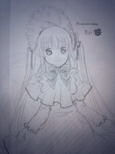 Rating: Safe Score: 0 Tags: 1girl auto_tagged bow bowtie capelet dress hat image long_hair long_sleeves looking_at_viewer monochrome shinku smile solo standing traditional_media twintails very_long_hair User: admin