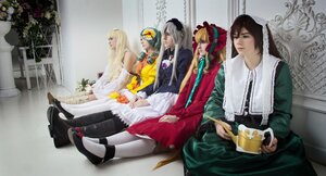Rating: Safe Score: 0 Tags: 4girls blonde_hair brown_hair dress flower hat long_hair multiple_cosplay multiple_girls pantyhose shoes silver_hair sitting tagme white_legwear User: admin