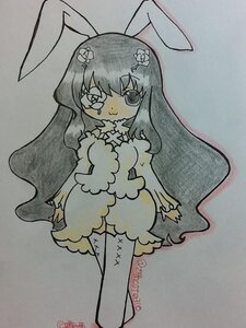 Rating: Safe Score: 0 Tags: 1girl animal_ears bunny_ears closed_mouth dress flower full_body image kirakishou long_hair monster_girl simple_background solo standing thighhighs traditional_media twitter_username very_long_hair User: admin