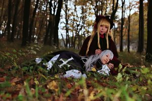 Rating: Safe Score: 0 Tags: 2girls blonde_hair blurry blurry_foreground day depth_of_field long_hair long_sleeves multiple_cosplay multiple_girls outdoors sunlight tagme tree User: admin