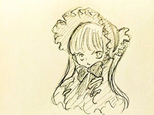 Rating: Safe Score: 0 Tags: 1girl bangs bonnet bow dress eyebrows_visible_through_hair image long_hair long_sleeves looking_at_viewer monochrome parted_lips shinku simple_background solo traditional_media upper_body User: admin