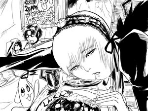 Rating: Safe Score: 0 Tags: 1girl bonnet eating food glasses greyscale hairband image lolita_hairband monochrome solo suigintou User: admin