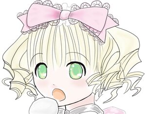 Rating: Safe Score: 0 Tags: 1girl blonde_hair blush face green_eyes hinaichigo image open_mouth portrait ribbon simple_background solo User: admin