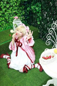 Rating: Safe Score: 0 Tags: 1girl blonde_hair cake dress food fruit grass hat hinaichigo ribbon shoes sitting solo strawberry strawberry_shortcake tongue User: admin