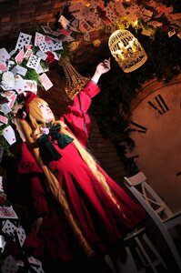 Rating: Safe Score: 0 Tags: 1girl blonde_hair blood card dress flower hair_over_one_eye hat letter long_hair playing_card red_dress rose shinku solo User: admin