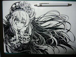 Rating: Safe Score: 0 Tags: 1girl closed_mouth dress floating_hair flower frills greyscale hairband hands_on_own_cheeks hands_on_own_face image long_hair long_sleeves looking_at_viewer monochrome rose shikishi smile solo suigintou traditional_media upper_body User: admin