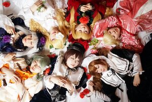 Rating: Safe Score: 0 Tags: blonde_hair brown_hair choker closed_eyes dress flower hair_ornament hat long_hair mini_hat multiple_boys multiple_cosplay multiple_girls realistic red_flower rose short_hair siblings tagme User: admin