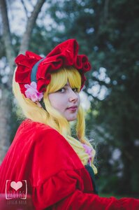 Rating: Safe Score: 0 Tags: 1girl artist_name blonde_hair blurry blurry_background bonnet depth_of_field dress flower lips long_hair nose realistic red_dress shinku solo upper_body User: admin