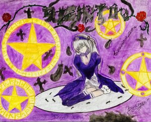 Rating: Safe Score: 0 Tags: 1girl crescent_moon dress flower image moon purple_flower purple_rose rose sitting solo star_(symbol) suigintou User: admin