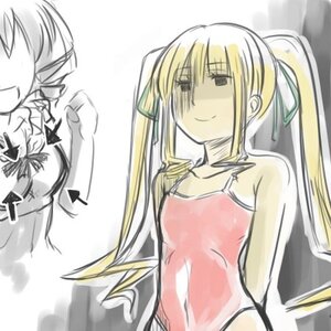 Rating: Safe Score: 0 Tags: 1girl blonde_hair flat_chest hair_ribbon image long_hair navel ponytail ribbon shinku smile solo User: admin