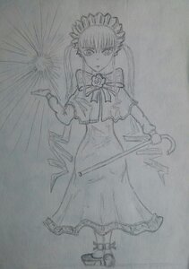 Rating: Safe Score: 0 Tags: 1girl bowtie dress full_body holding image long_hair long_sleeves looking_at_viewer monochrome shinku sketch solo standing traditional_media twintails User: admin