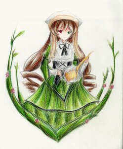 Rating: Safe Score: 0 Tags: 1girl black_ribbon brown_hair dress flower green_dress green_eyes hat heterochromia image long_hair long_sleeves looking_at_viewer red_eyes simple_background smile solo suiseiseki traditional_media very_long_hair watering_can User: admin