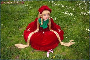Rating: Safe Score: 0 Tags: 1girl blonde_hair bonnet bow dress flower grass long_hair long_sleeves pantyhose shinku sitting solo very_long_hair User: admin
