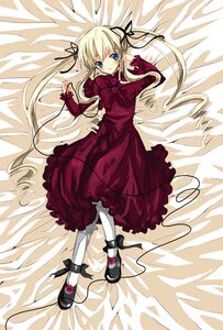Rating: Safe Score: 0 Tags: 1girl bed_sheet blonde_hair blue_eyes blush bow dakimakura dress full_body hair_ribbon image long_hair long_sleeves looking_at_viewer lying mary_janes pantyhose ribbon shinku shoes solo twintails white_legwear User: admin