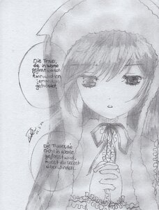 Rating: Safe Score: 0 Tags: 1girl bangs eyebrows_visible_through_hair frills greyscale hands_together image long_hair long_sleeves monochrome neck_ribbon own_hands_together ribbon solo suiseiseki traditional_media User: admin