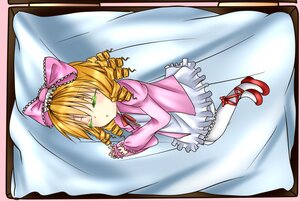 Rating: Safe Score: 0 Tags: 1girl bed blonde_hair blush bow curtains dress drill_hair frills hina_ichigo hinaichigo image long_sleeves lying pantyhose pillow pink_bow ribbon short_hair solo white_legwear User: admin