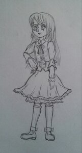 Rating: Safe Score: 0 Tags: 1girl dress frills full_body glasses greyscale image kirakishou kneehighs long_hair long_sleeves monochrome shoes sketch solo standing traditional_media User: admin