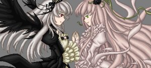 Rating: Safe Score: 0 Tags: 2girls black_dress dress eye_contact flower frills gothic_lolita green_eyes hair_ornament holding_hands image kirakishou lolita_fashion long_hair long_sleeves looking_at_another multiple_girls pair pink_hair profile red_eyes rose smile suigintou top_hat very_long_hair wings User: admin