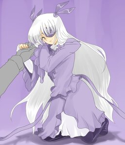 Rating: Safe Score: 0 Tags: 1girl barasuishou dress eyepatch frills gun image kneeling long_hair long_sleeves purple_background solo very_long_hair User: admin