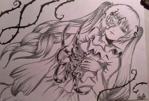 Rating: Safe Score: 0 Tags: 1girl dress eyepatch flower frills hair_flower hair_ornament image kirakishou long_hair long_sleeves looking_at_viewer monochrome rose solo twintails very_long_hair vines User: admin