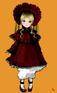 Rating: Safe Score: 0 Tags: 1girl blonde_hair bloomers blue_eyes blush bonnet capelet dress frills full_body image long_hair long_sleeves orange_background red_dress shinku shoes simple_background solo standing underwear white_legwear User: admin