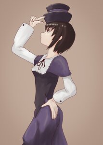 Rating: Safe Score: 0 Tags: 1girl brown_background brown_eyes brown_hair dress gradient gradient_background hand_on_hip hat image long_sleeves profile short_hair solo souseiseki standing User: admin