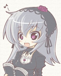 Rating: Safe Score: 0 Tags: 1girl :d bangs black_dress blush book dress eighth_note eyebrows_visible_through_hair fang flower hair_between_eyes holding image long_hair long_sleeves looking_at_viewer musical_note open_mouth purple_eyes rose smile solo spoken_musical_note suigintou white_background User: admin