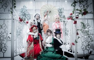 Rating: Safe Score: 0 Tags: black_hair dress flower hat holding holding_umbrella long_hair long_sleeves multiple_boys multiple_cosplay multiple_girls parasol rose sitting tagme umbrella User: admin