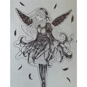 Rating: Safe Score: 0 Tags: 1girl angel_wings bird black_feathers dress feathered_wings feathers frills greyscale hairband image long_hair long_sleeves monochrome pantyhose shoes solo standing suigintou white_feathers wings User: admin