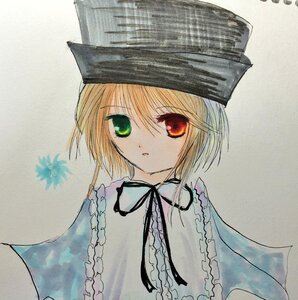 Rating: Safe Score: 0 Tags: 1girl blonde_hair capelet frills green_eyes hariruri hat heterochromia image long_sleeves looking_at_viewer red_eyes short_hair solo souseiseki traditional_media upper_body User: admin